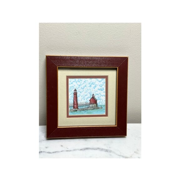Grand Haven Michigan Pierhead Lighthouse Print Framed Artwork 5"x5" Signed Mpre - Picture 6 of 6